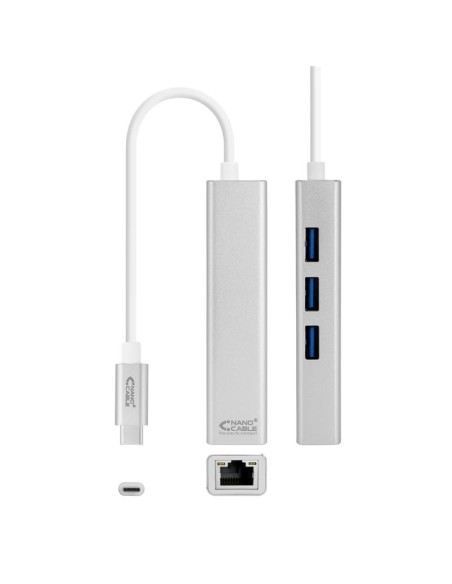 ADAPTADOR NANOCABLE USB-C ETHERNET RJ45 GIGABIT + 3XUSB 3.0 15CM SILVER