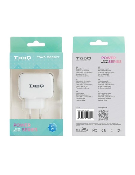 CARGADOR SMARTPHONE/TABLET TOOQ 12W USB 3.0 + 15W USB-C WHITE