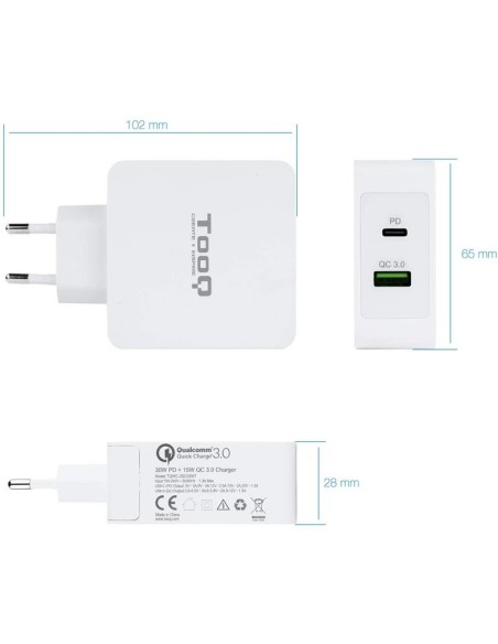 CARGADOR SMARTPHONE/TABLET TOOQ USB-C + USB-A 3.0 48W FAST CHARGER