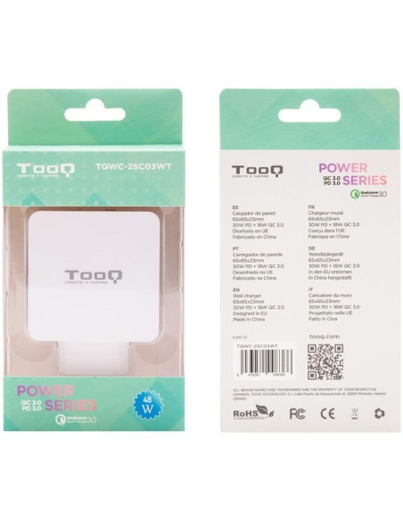 CARGADOR SMARTPHONE/TABLET TOOQ USB-C + USB-A 3.0 48W FAST CHARGER