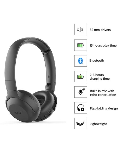 AURICULARES + MICROFONO PHILIPS TAUH202 BLUETOOTH BLACK