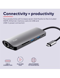 HUB TRUST DALYX USB-C 7 EN 1 HDMI USB-C USB MICRO SD RJ45 SILVER 2