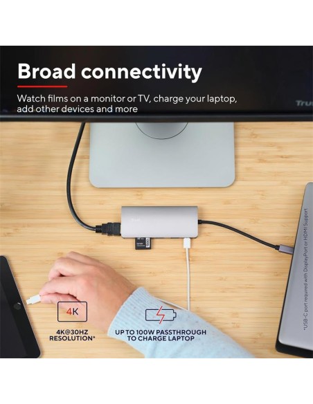 HUB TRUST DALYX USB-C 7 EN 1 HDMI USB-C USB MICRO SD RJ45 SILVER