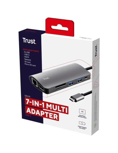 HUB TRUST DALYX USB-C 7 EN 1 HDMI USB-C USB MICRO SD RJ45 SILVER
