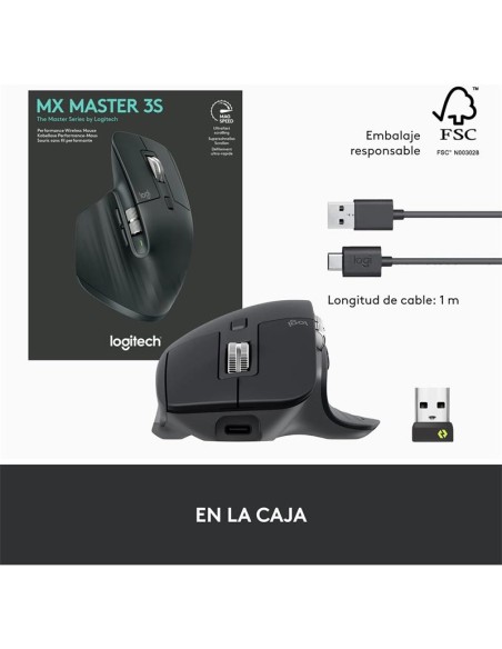 RATON LOGITECH MX MASTER 3S WIRELESS 8000DPI 7 BOTONES BLACK