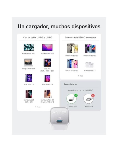 CARGADOR ANKER 511 NANO 3 30W 20V FAST CHARGE USB-C WHITE