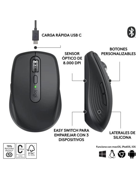 RATON LOGITECH MX ANYWHERE 3S WIRELESS BT 8000DPI 6 BOTONES BLACK