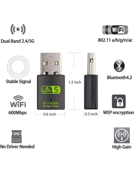 WIRELESS ADAPTADOR ONEWAY WIFI 600MBPS + BLUETOOTH 5.0 BLACK